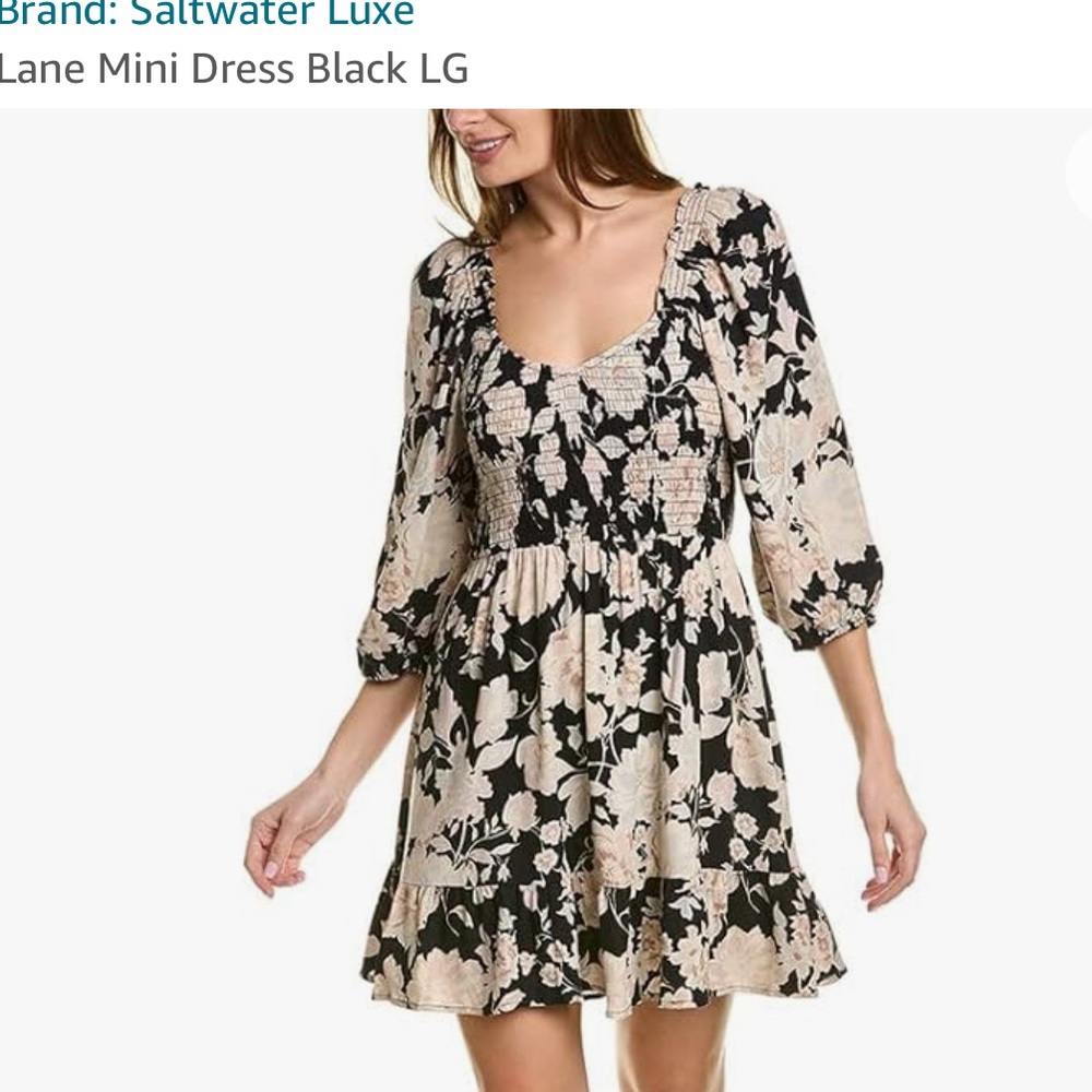 SALTWATER LUXE black & pink floral smocked dress with balloon sleeves, ruffles